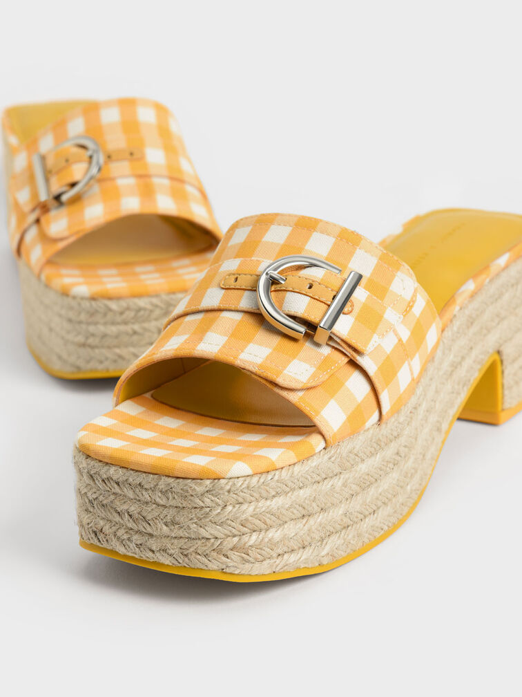 Buckled Linen Gingham-Print Platform Espadrilles, Yellow, hi-res