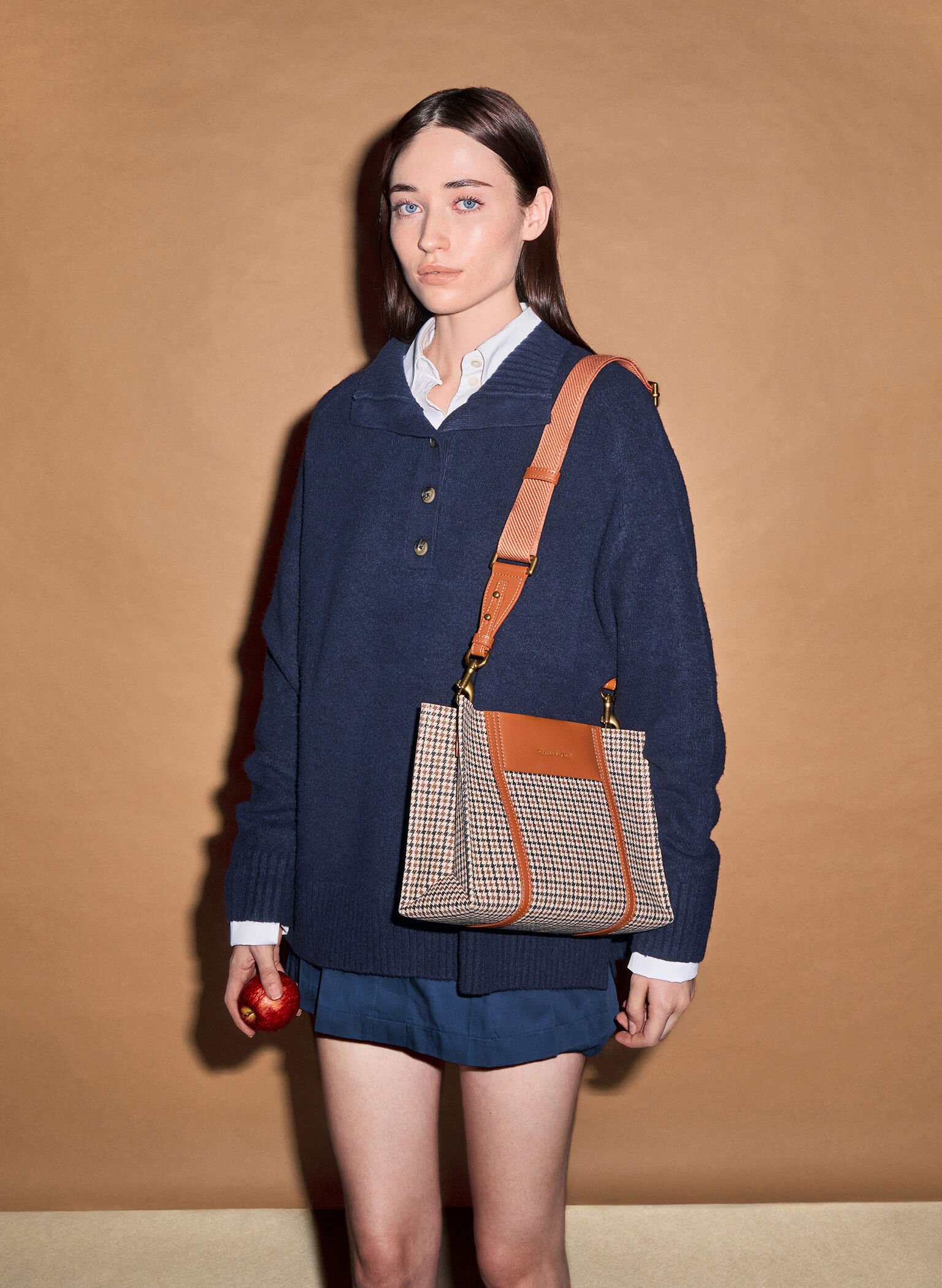 Mini Shalia Checkered Tote Bag, Cognac, hi-res