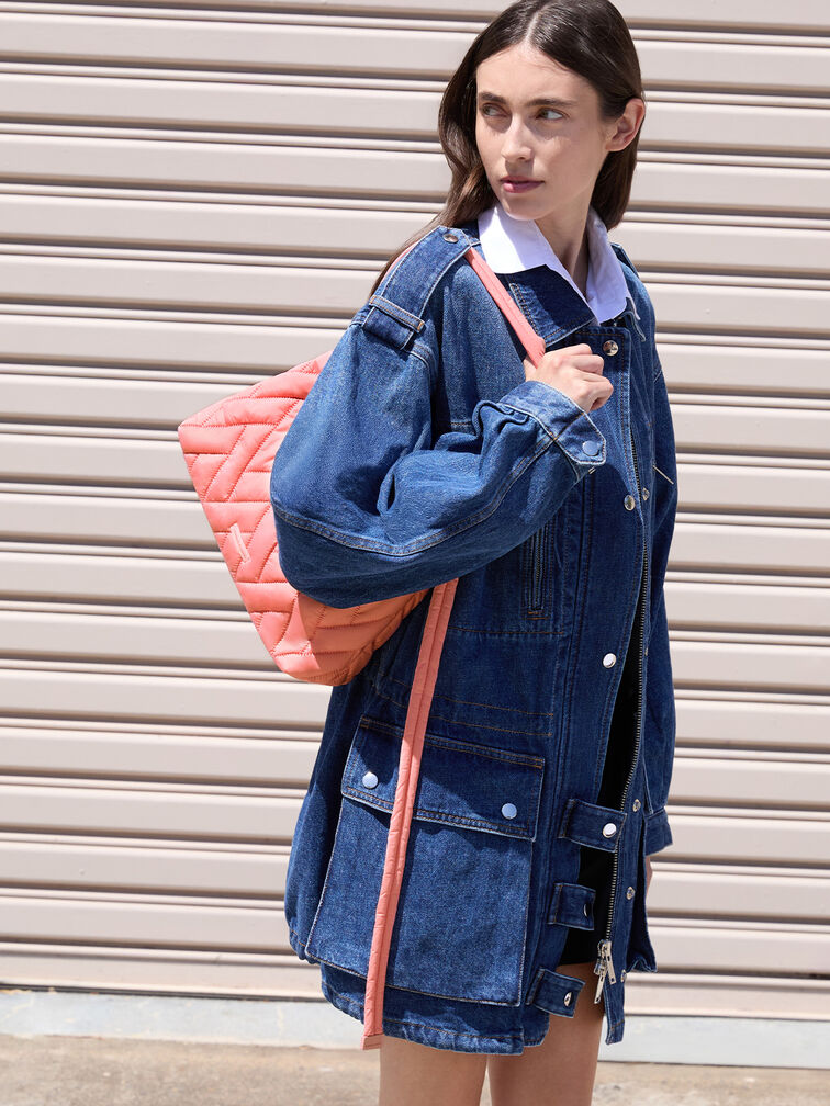 Bolso tote Chevron de nylon, Rosa guayaba, hi-res
