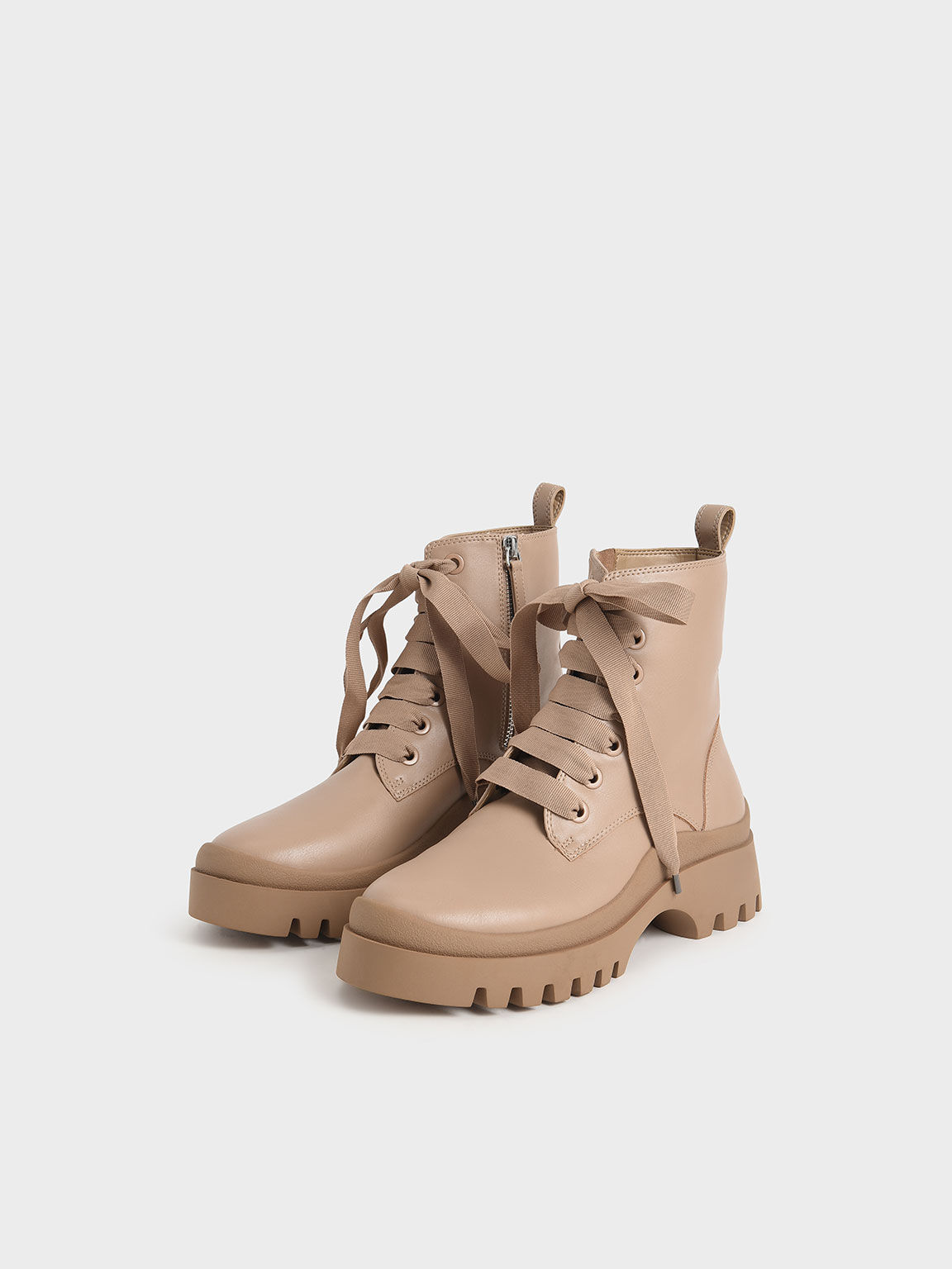 mouggan Collection: Lace-Up Cleated Sole Ankle Boots, Beige, hi-res
