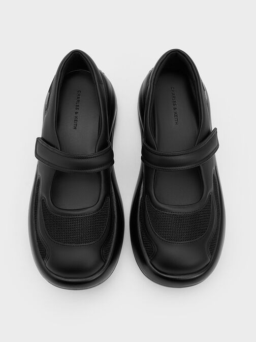 Mesh Curved Platform Mary Janes, Black Textured, hi-res