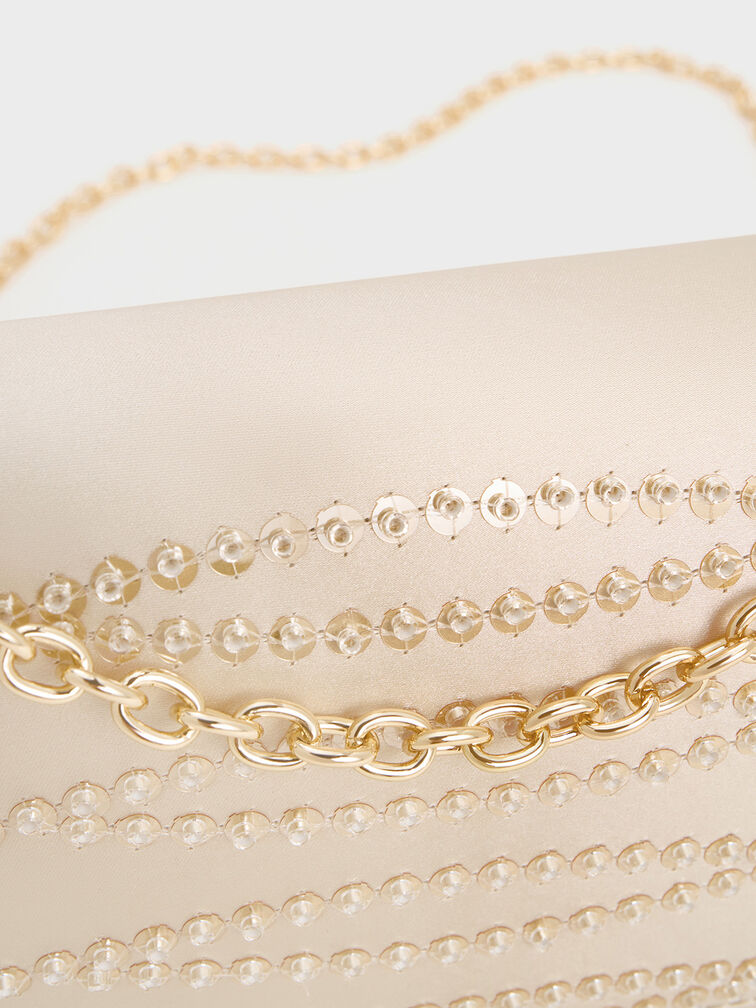Mini bolso de satén con cadena y lentejuelas, Dorado claro, hi-res