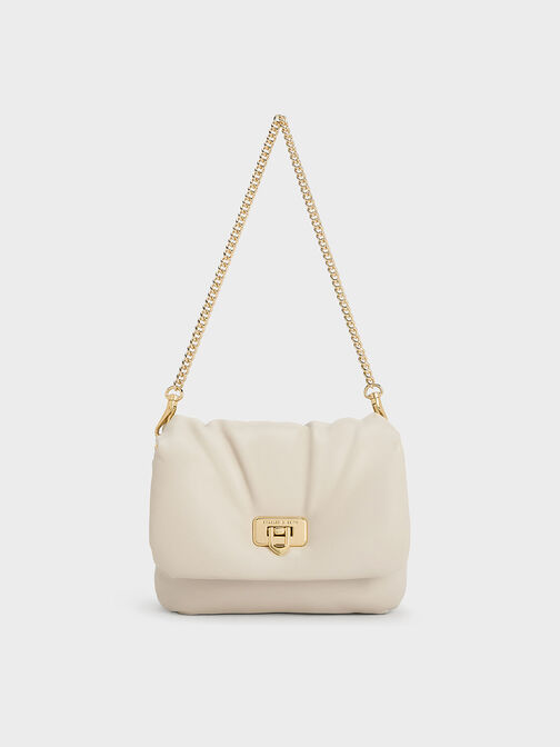 Paffuto Metallic Accent Chain-Handle Bag, Ivory, hi-res
