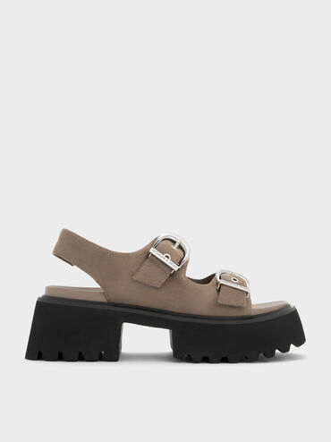 Sandalias de plataforma destalonadas con tira posterior Nadine en antelina, Gris pardo, hi-res