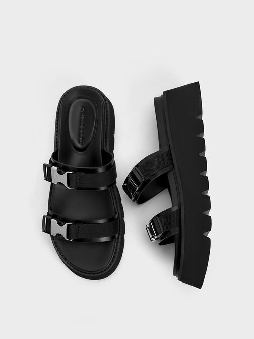 Laine Metallic-Buckle Flatform Sandals, Black, hi-res