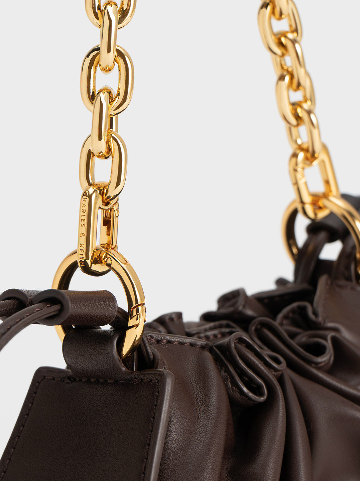 Ruched Chain Handle Drawstring Bag, Dark Brown, hi-res