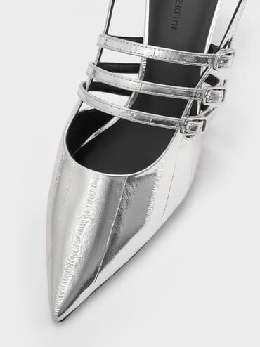 Metallic Triple-Strap Pointed-Toe Kitten-Heel Slingback Pumps, Silver, hi-res