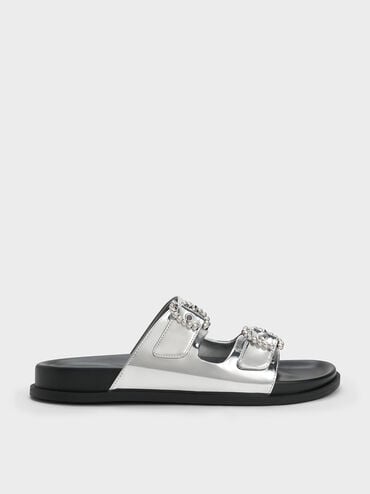 Metallic Embellished Buckle Sandals, Silver, hi-res