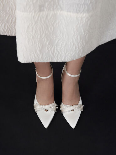 Leda 串珠緞面高跟鞋, 白色, hi-res