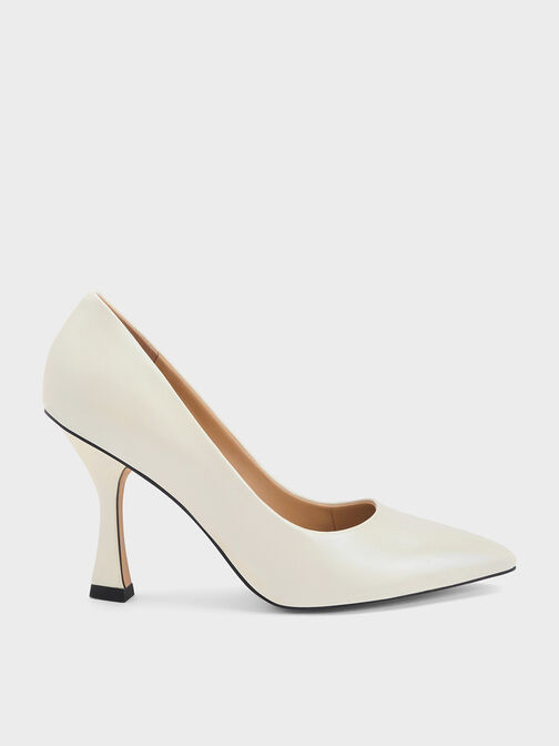 Leather Flare Heel Pumps, White, hi-res