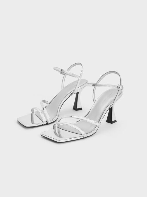 Metallic Strappy Trapeze Heel Sandals, Silver, hi-res