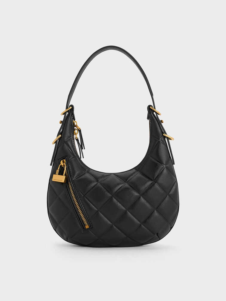Swing Padlock Quilted Crescent Bag, Black, hi-res