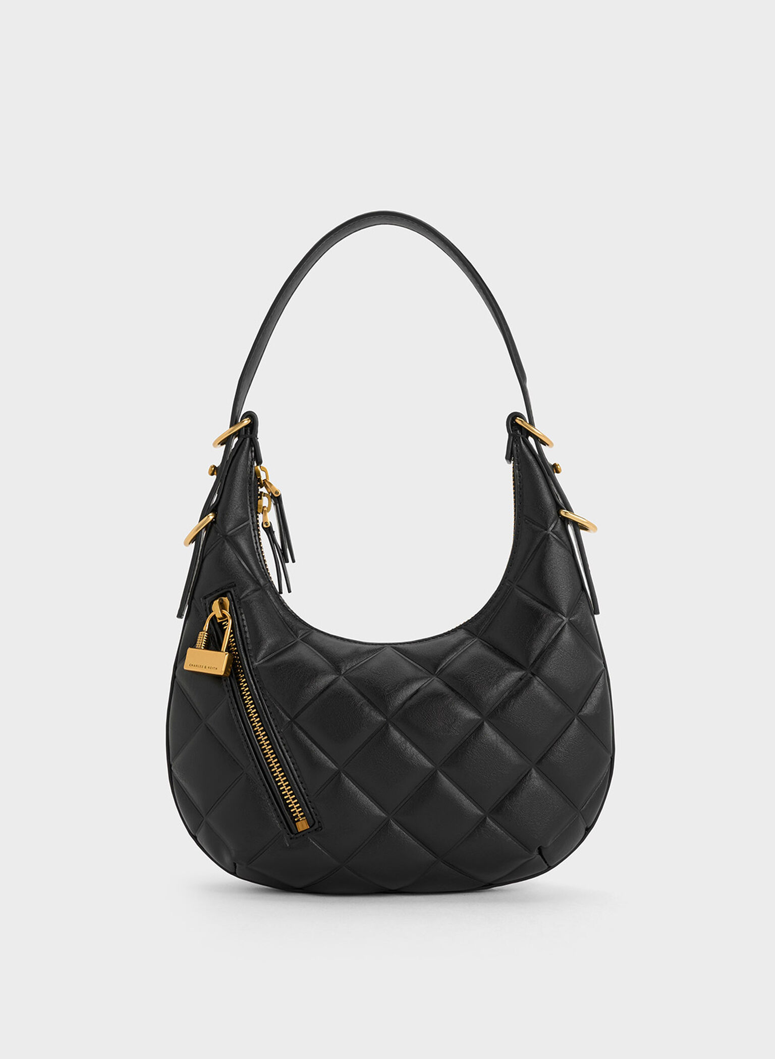 Black Swing Padlock Quilted Crescent Bag - CHARLES & KEITH SG
