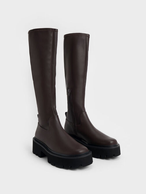 Chunky Platform Knee-High Boots, Dark Brown, hi-res