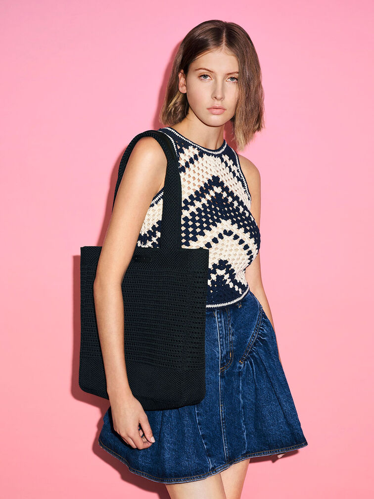 Bolso tote tejido, Negro, hi-res