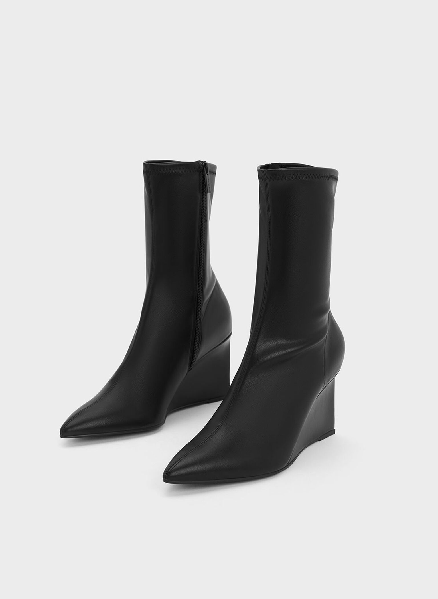 Black Pointed-Toe Wedge Ankle Boots - CHARLES & KEITH TR