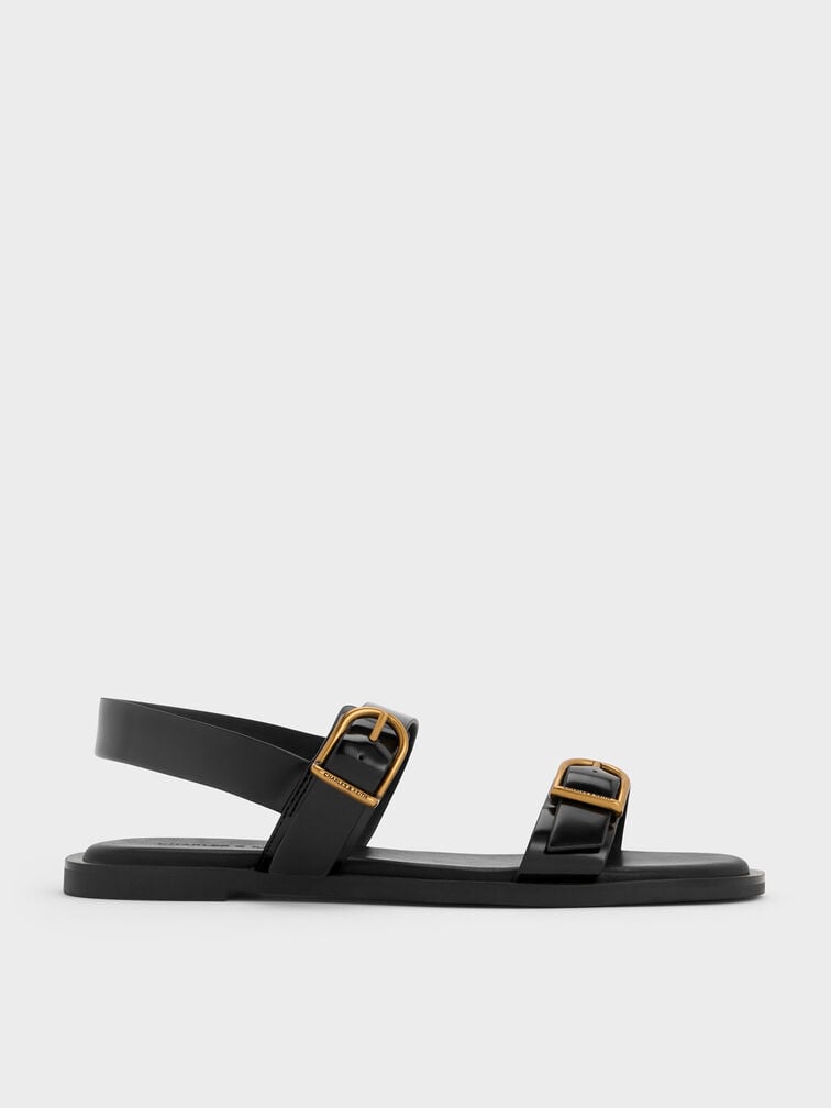 Double Buckle-Strap Slingback Sandals, Black Box, hi-res