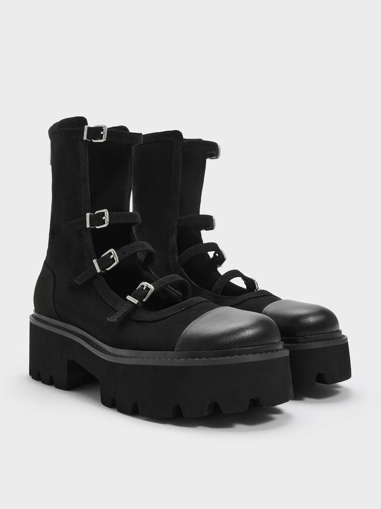 Celia Faux Suede Buckled Multi-Strap Chunky Calf Boots, Black Textured, hi-res