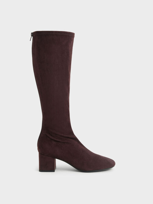 Textured Block Heel Knee Boots, Dark Brown, hi-res