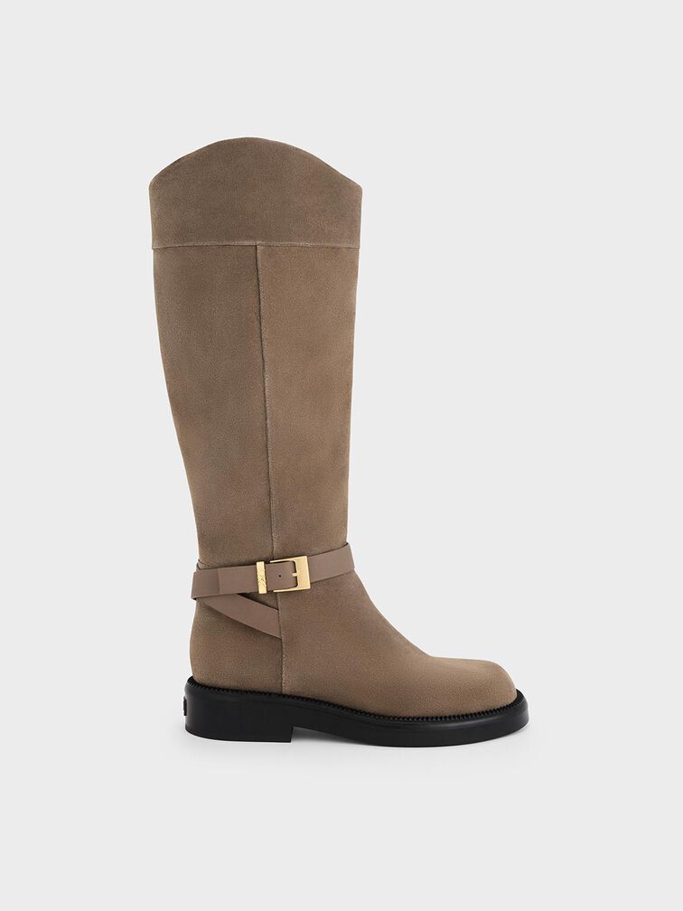 Leather & Suede Buckled-Strap Knee-High Boots, Taupe, hi-res