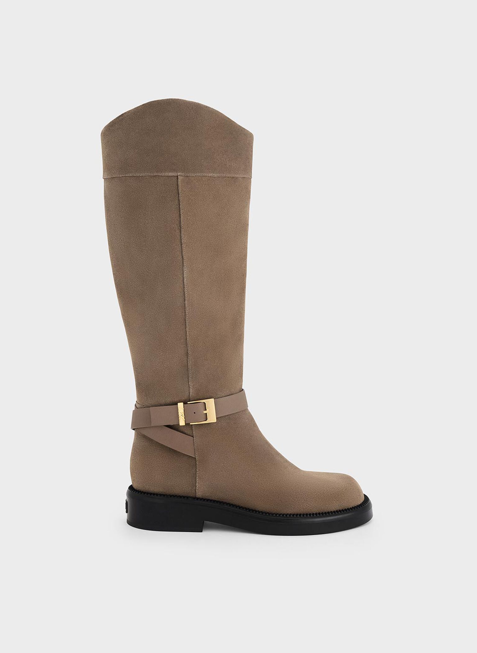 Leather & Suede Buckled-Strap Knee-High Boots, Taupe, hi-res