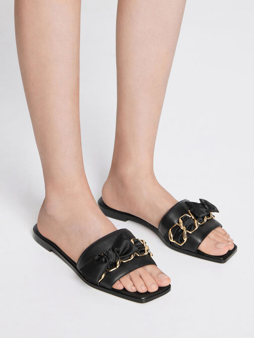 Satin Scarf Leather Slide Sandals, Black, hi-res