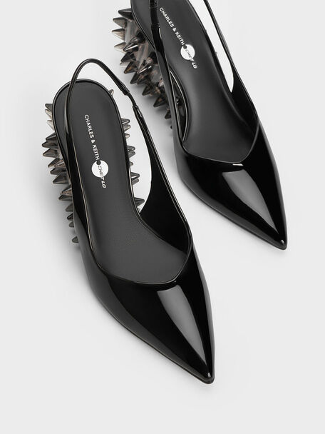 Patent Spike-Heel Slingback Wedges, Black Patent, hi-res