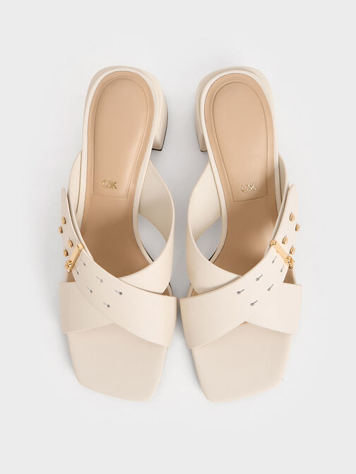 Leather Crossover Block Heel Mules, White, hi-res
