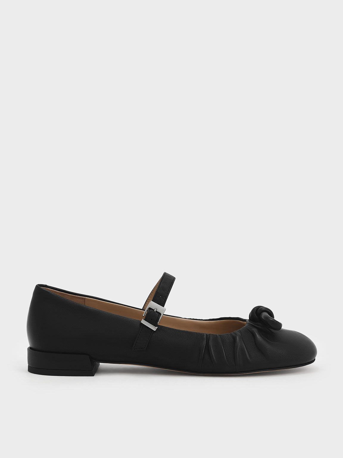 Leather Knotted Ruched Mary Jane Flats, Black, hi-res