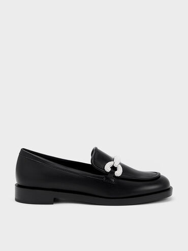 Beaded Strap Loafers, Black, hi-res