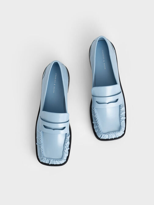 Ruched Square-Toe Loafers, Light Blue, hi-res