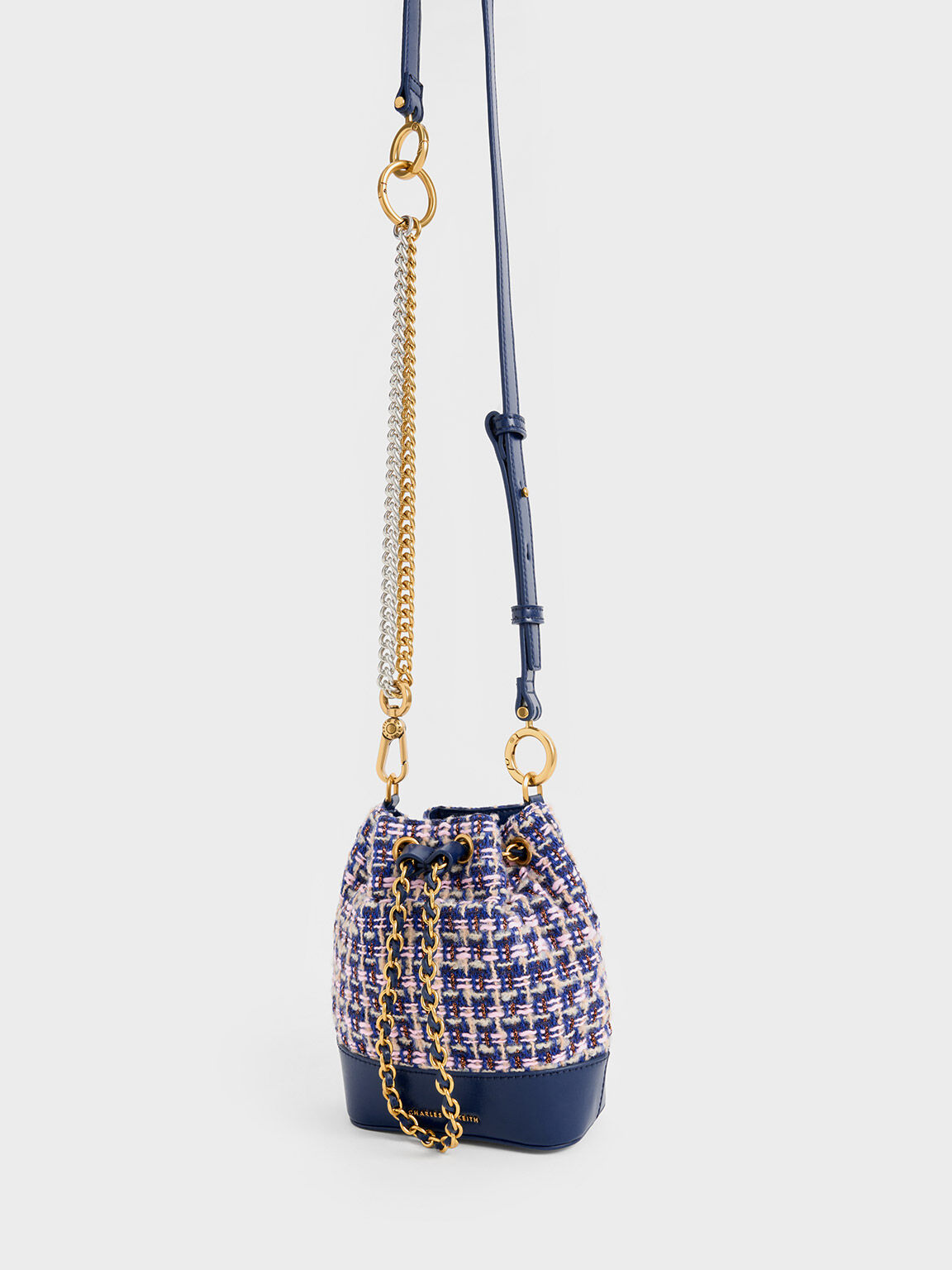 Dancer Tweed Drawstring Bucket Bag, Navy, hi-res