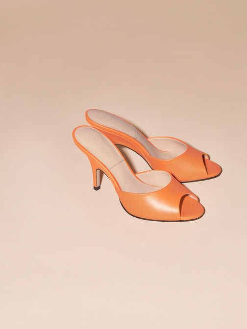 Leather Round-Toe Heeled Mules, Orange, hi-res