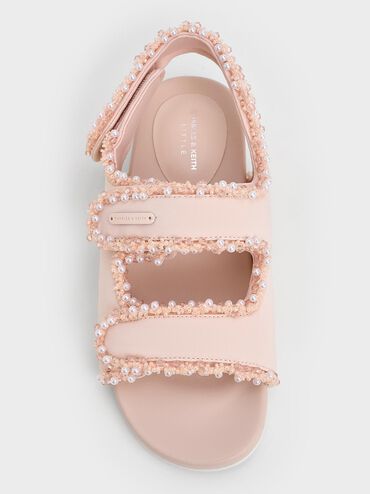 Girls' Elastane Pearl-Embellished Flatform Sandals, Light Pink, hi-res