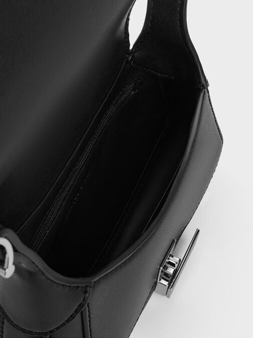 金屬釦弧形手提包, 黑色, hi-res