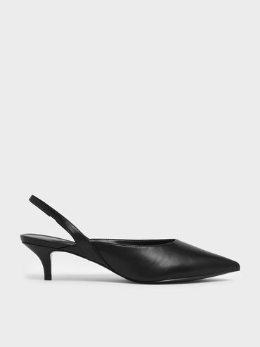 Pointed Toe Slingback Kitten Heels, Black, hi-res