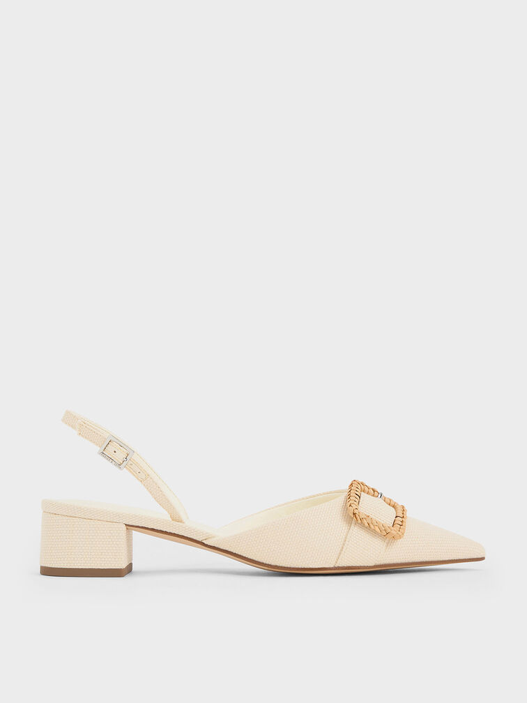 Woven-Buckle Slingback Pumps, Chalk, hi-res