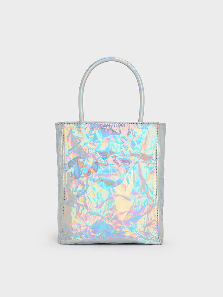Matina Holographic Crinkle-Effect ?Elongated Tote Bag, Prism Silver, hi-res