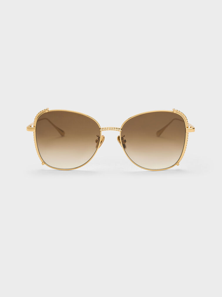 Embellished Half-Frame Butterfly Sunglasses, Gold, hi-res