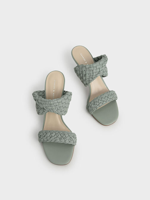 Double Strap Woven Heeled Mules, Sage Green, hi-res