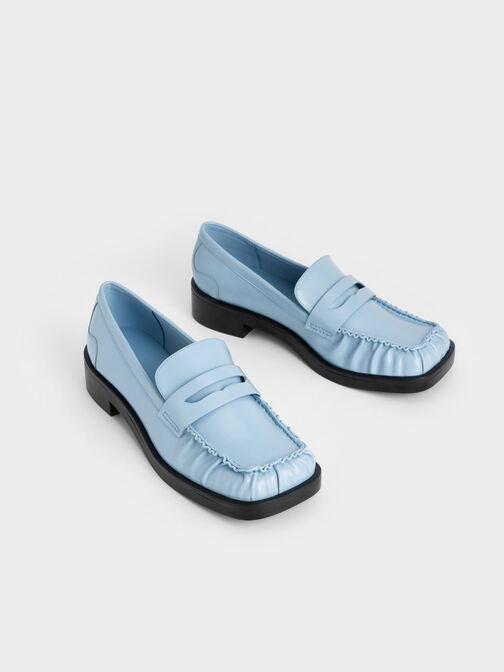 Ruched Square-Toe Loafers, Light Blue, hi-res