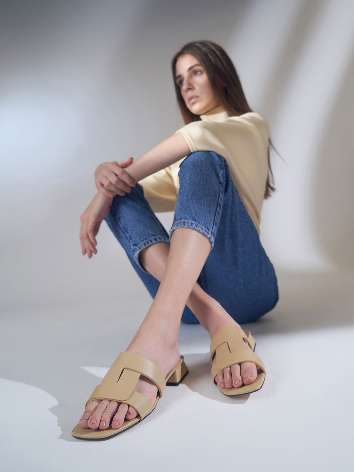 Leather Cut Out Mules, Beige, hi-res