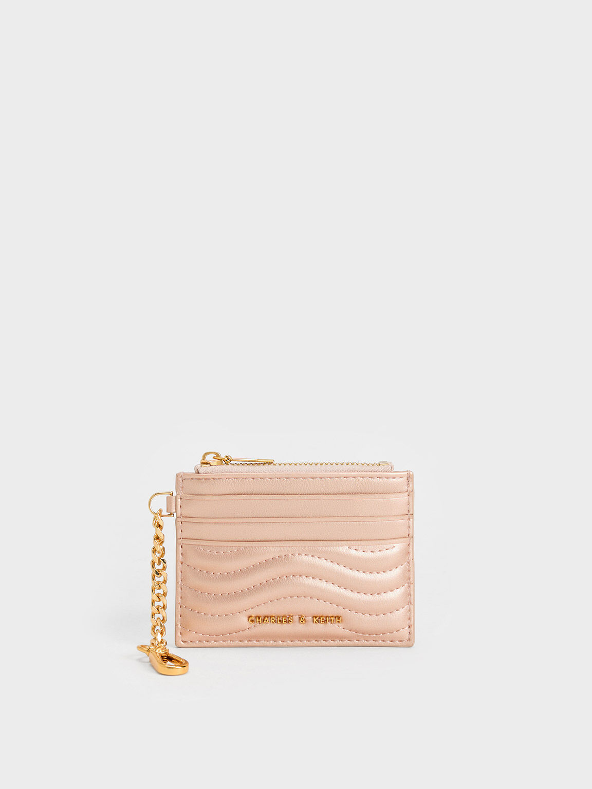 Aubrielle Stitch-Trim Zip Cardholder, Rose Gold, hi-res