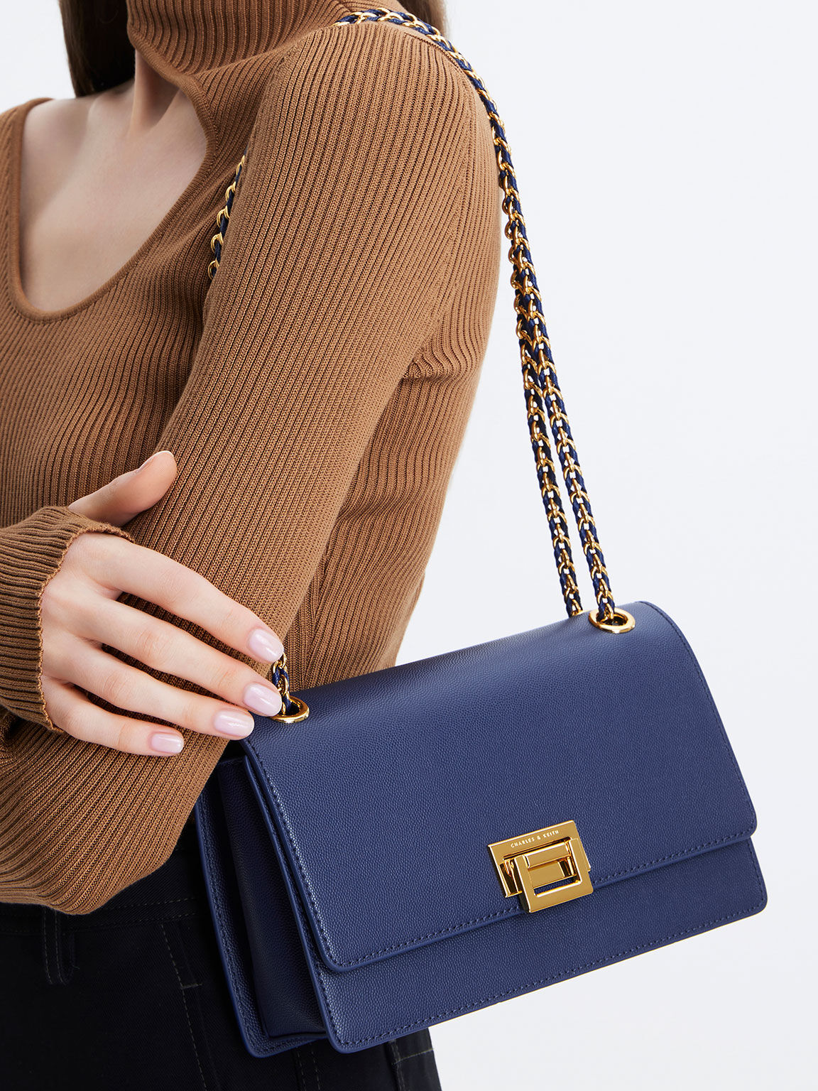 Metallic Accent Front Flap Bag, Navy, hi-res