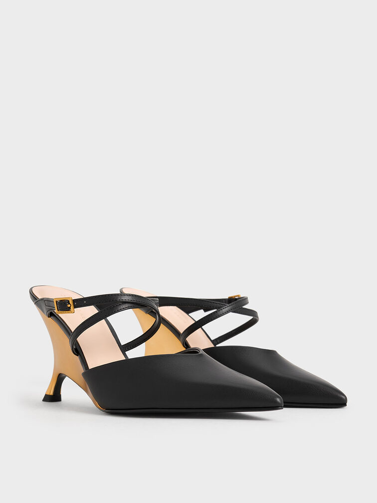 Crossover-Strap Sculptural-Heel Wedges, Black, hi-res