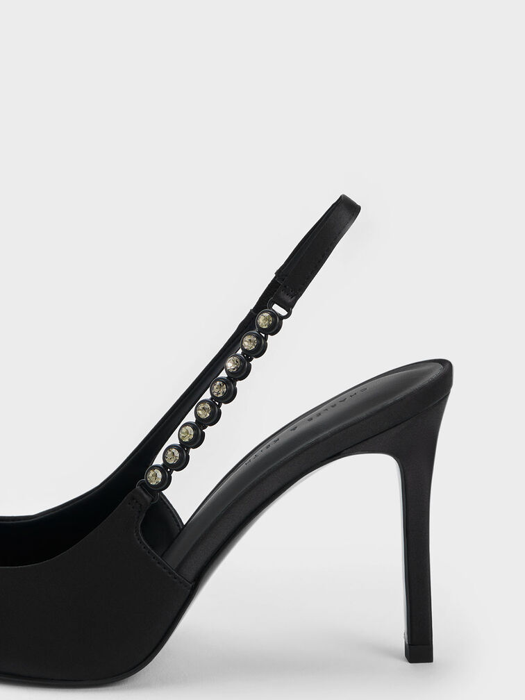 Flores Recycled Polyester Gem-Strap Slingback Pumps, Black, hi-res