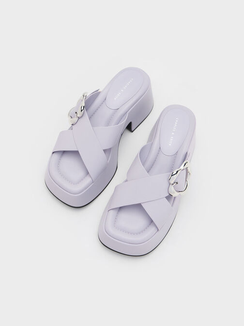 Flower-Buckle Crossover Platform Mules, Lilac, hi-res