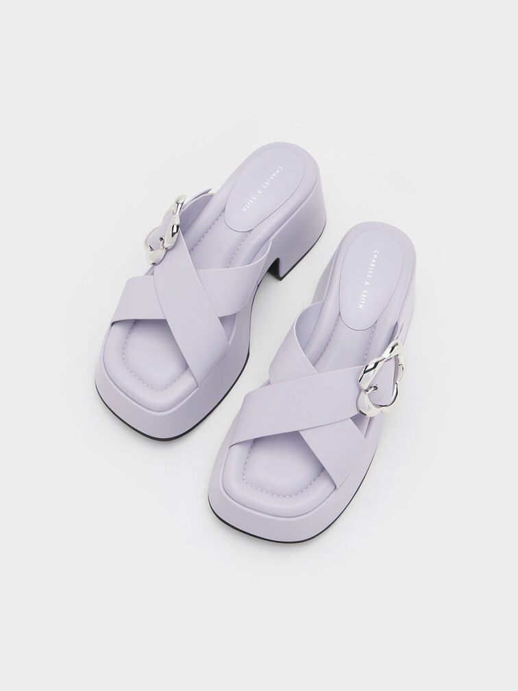 小花釦交叉帶厚底拖鞋, 紫丁香色, hi-res
