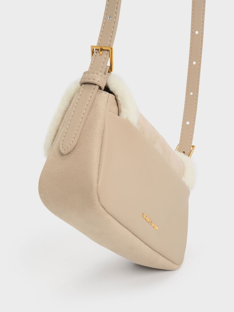 Daki Fur-Trim Belted Shoulder Bag, Beige, hi-res