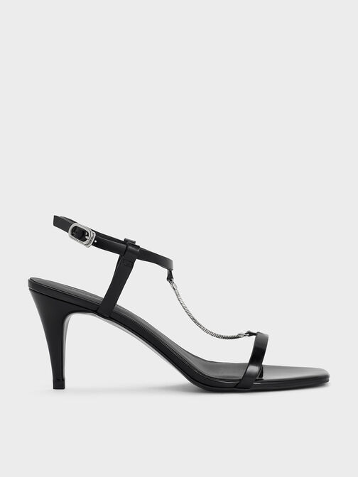Chain-Strap Square-Toe Heeled Sandals, Black Box, hi-res